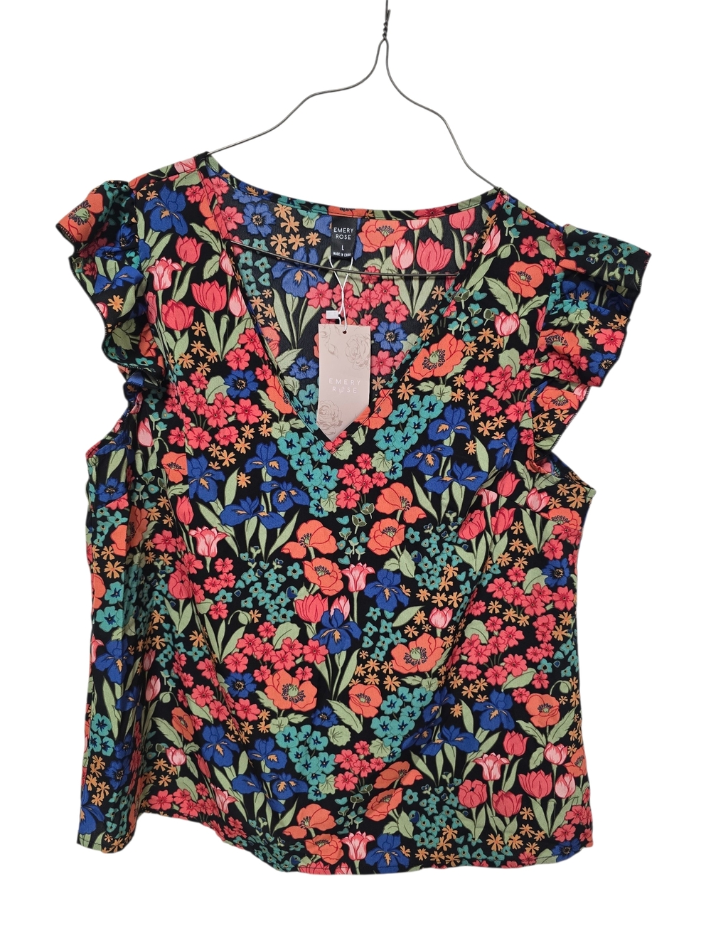 Emily Rose Black Floral V-Neck Ruffle Cap Sleeve Top - Pink, Blue, Coral, Green